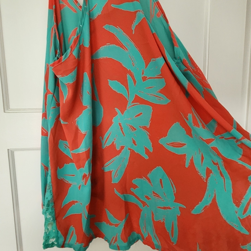 Vibrant Orange and Aqua Floral Short Dress Or Long Top